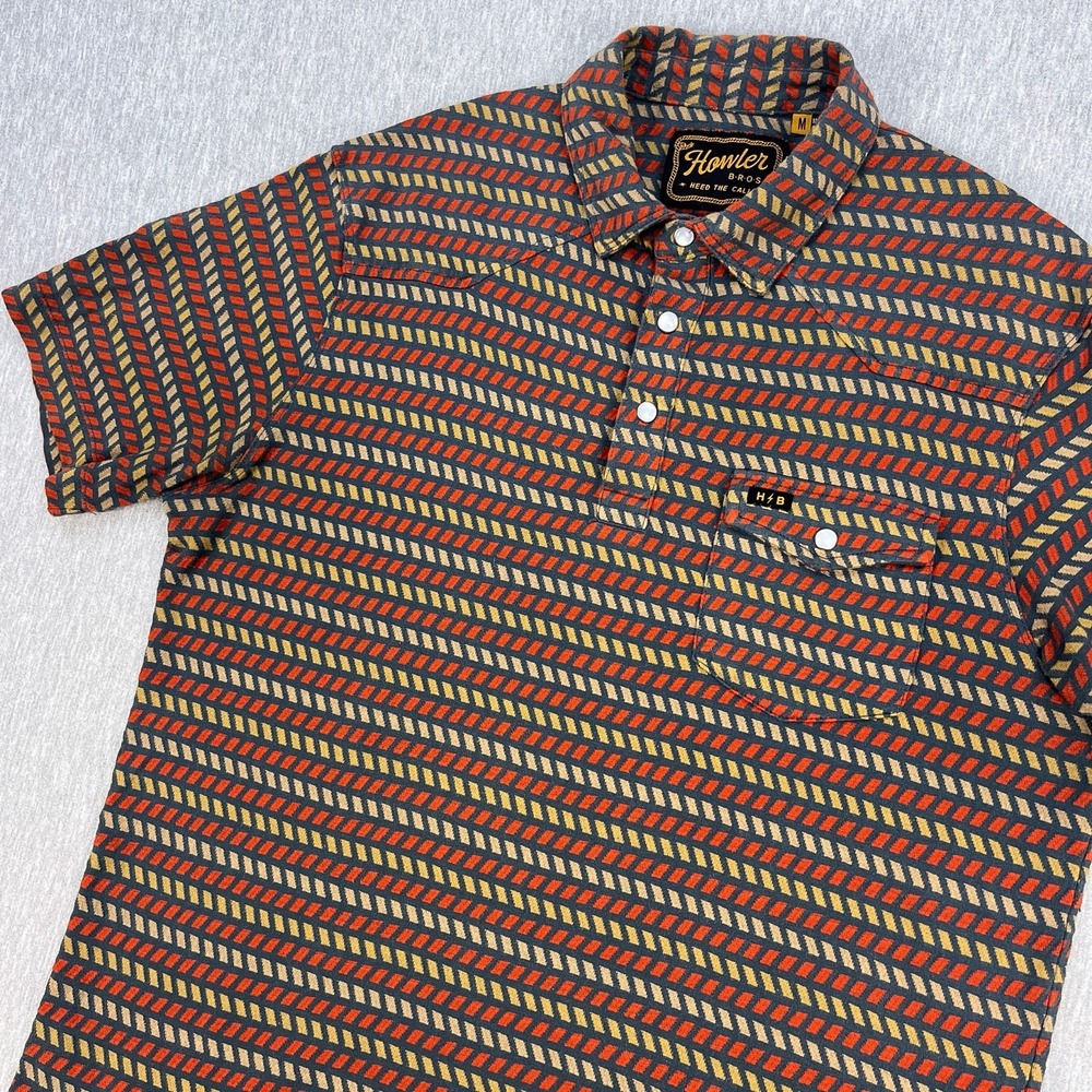 Howler Bros Ranchero Polo Shirt Mens M Gray Red Geometric Jacquard Pearl Snap